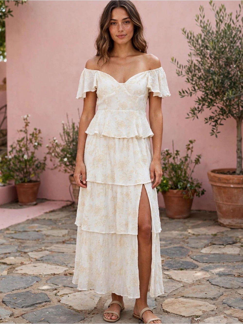 Altar'd State Ivory Off-Shoulder Tiered Maxi Dress with Side Slit